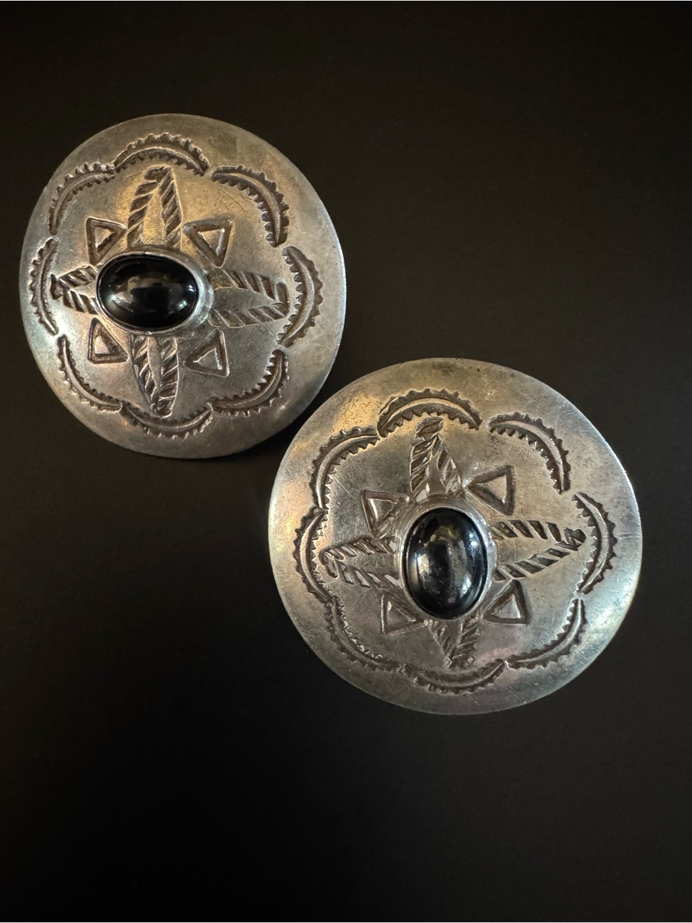 Vintage Sterling Silver Southwestern Concho Clip-On Earrings Black Onyx
